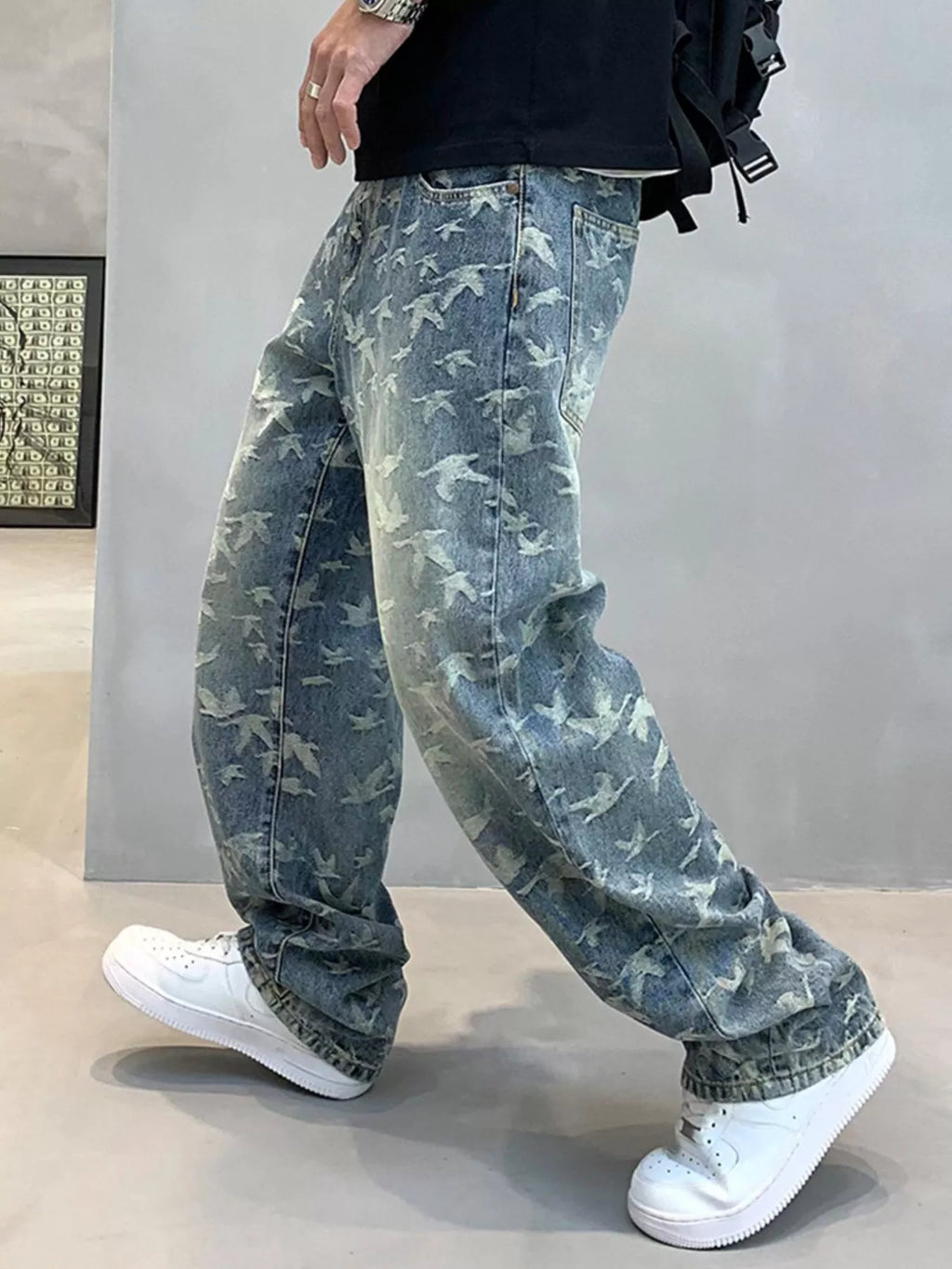 Men's Vintage Bird Print Loose Fit Jeans