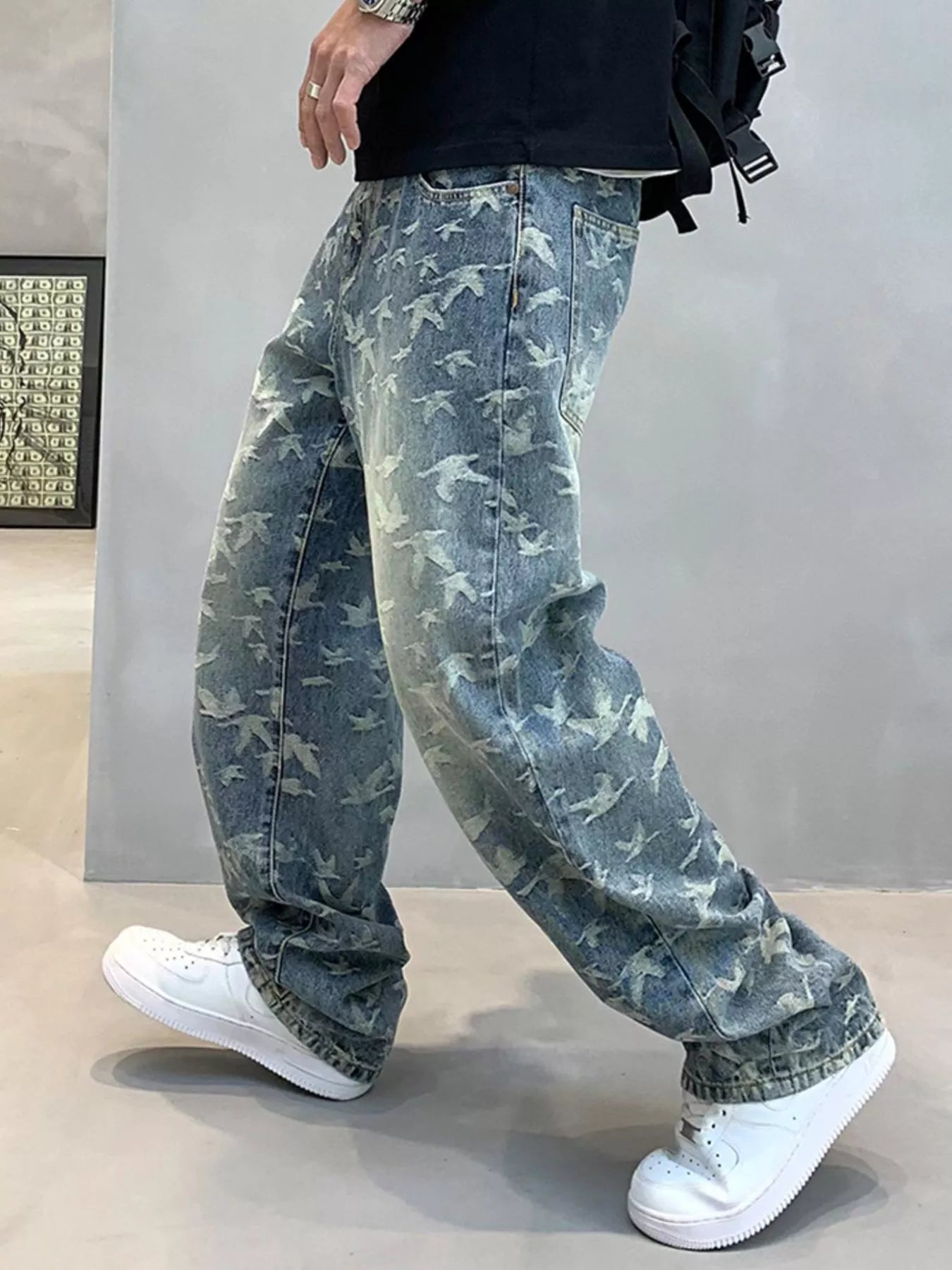 Men's Vintage Bird Print Loose Fit Jeans