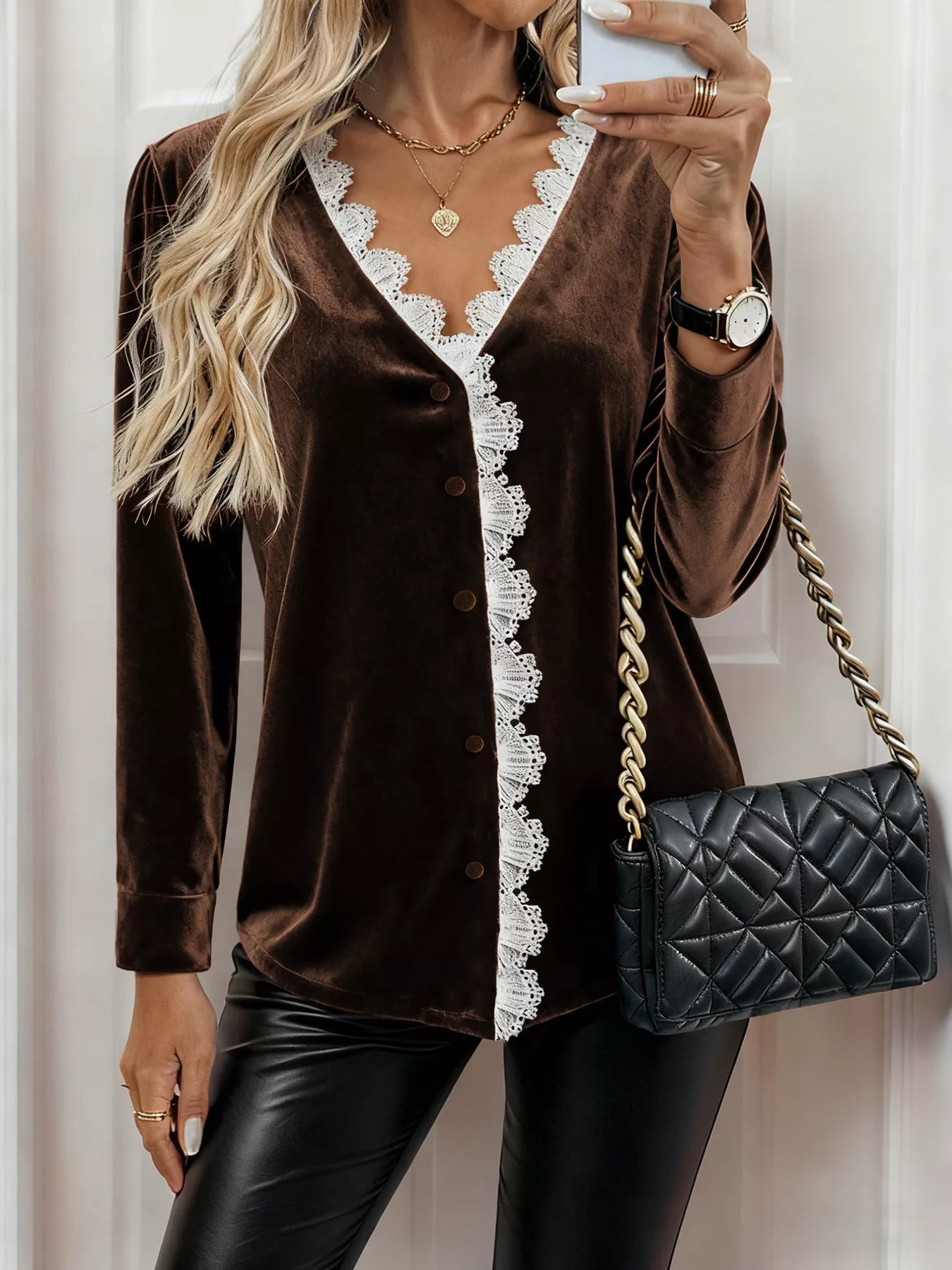 Lace Trim V-Neck Velvet Blouse