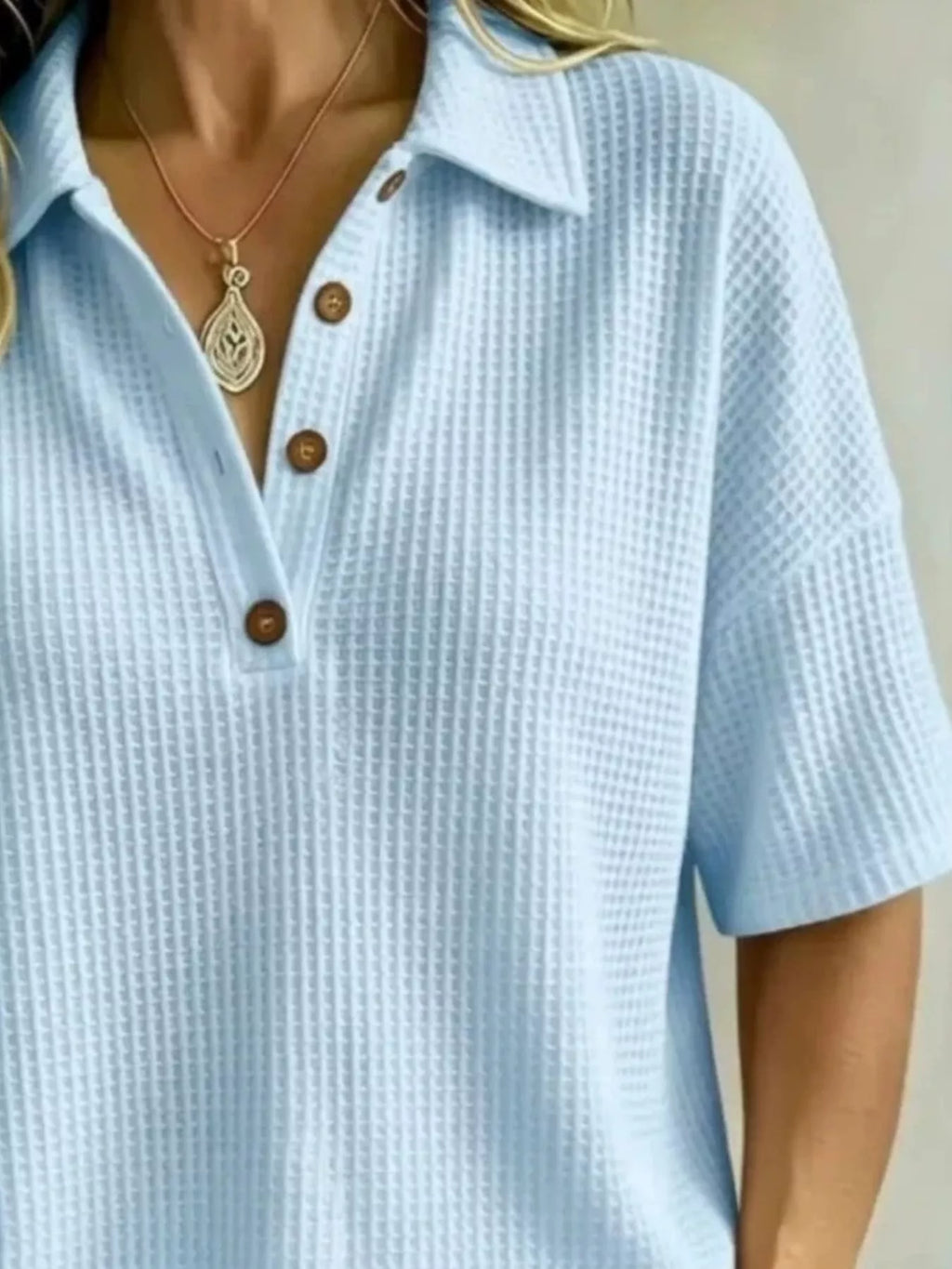 Full Size Waffle Knit Polo Top with Button Detail Plus Size