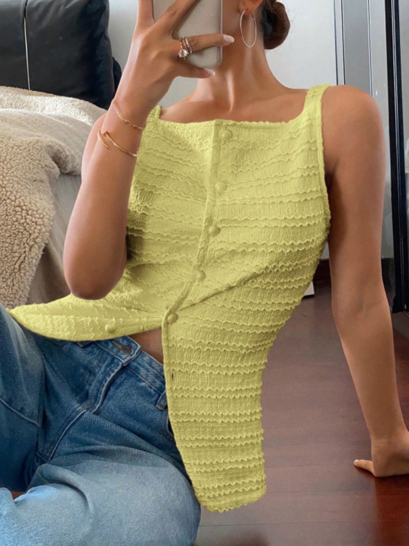 Textured Button-Front Tank
