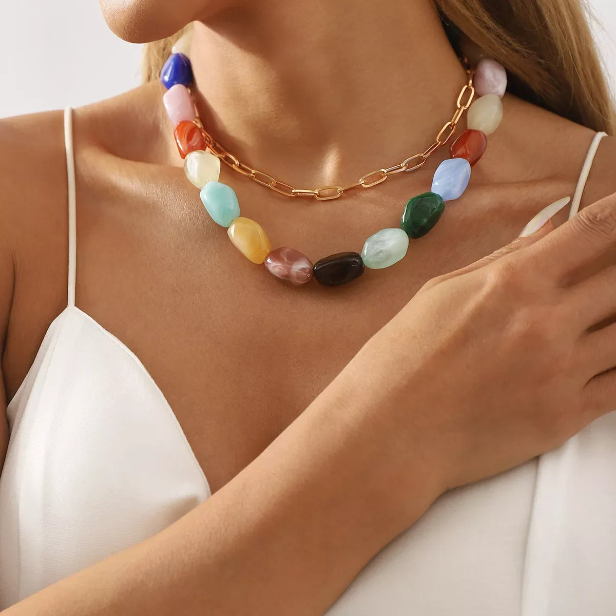 2 Piece Colorful Beaded Chain Necklace