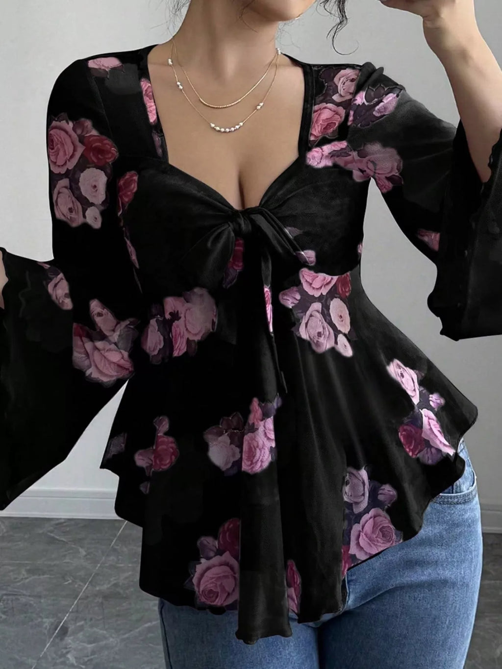 Floral Print Tie Front Flare Sleeve Blouse