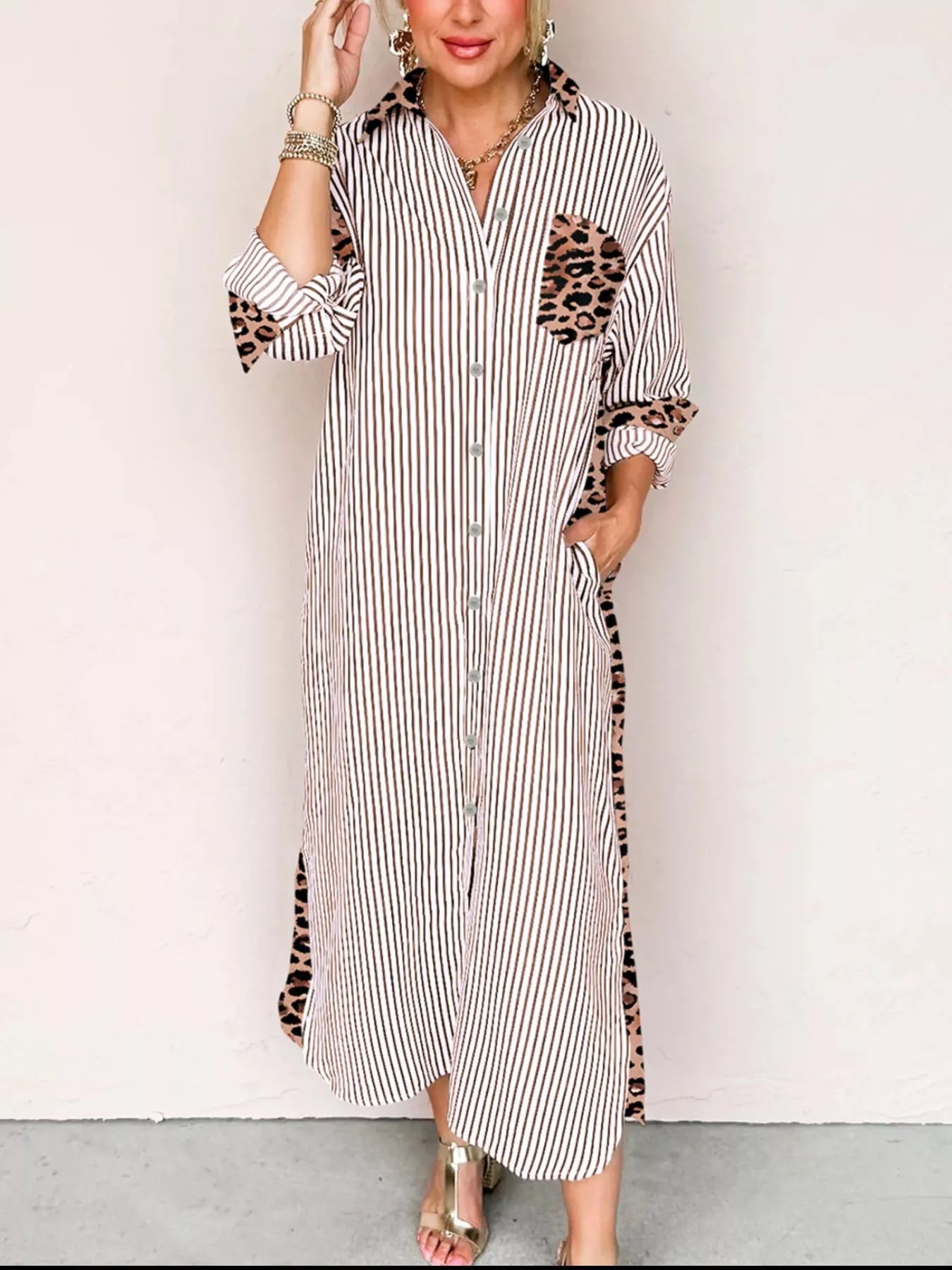 Striped Leopard Print Button Up Shirt Dress