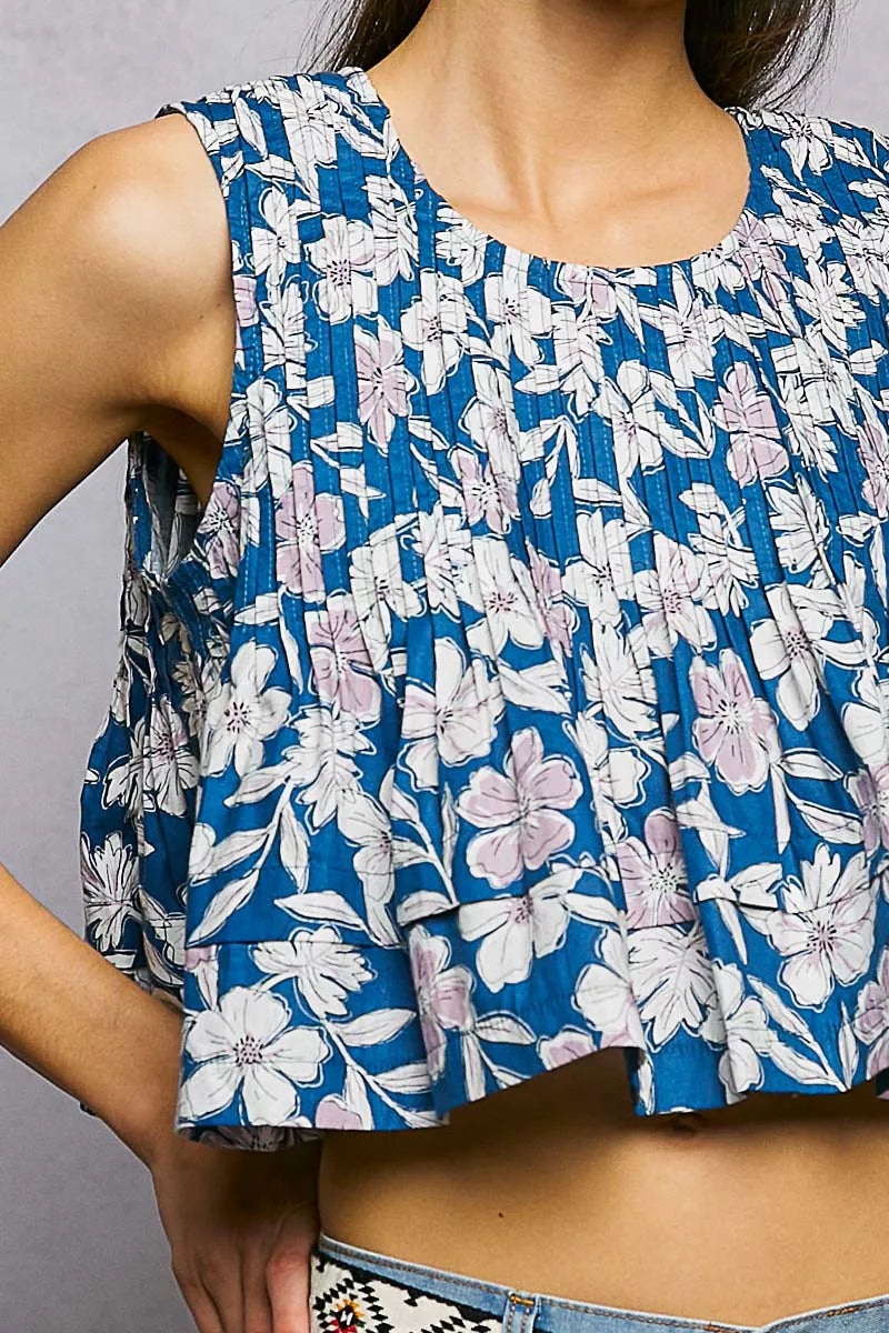 POL Floral Round Neck Cropped Pintuck Tank