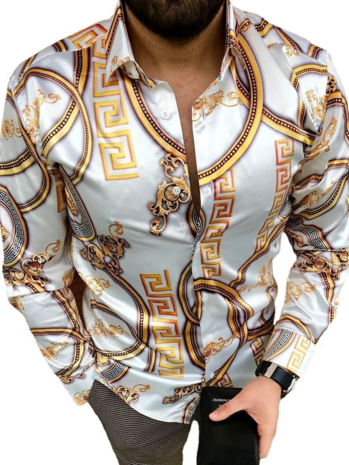 Men's Plus Size Printed Button Up Long Sleeve Shirt