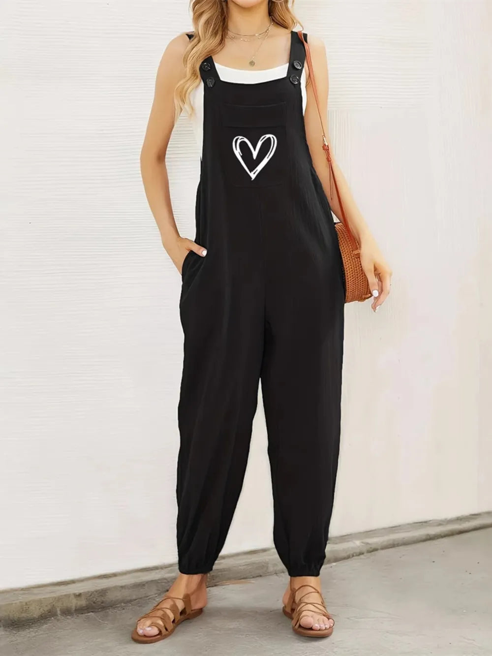 Heart Square Neck Wide Strap Overalls