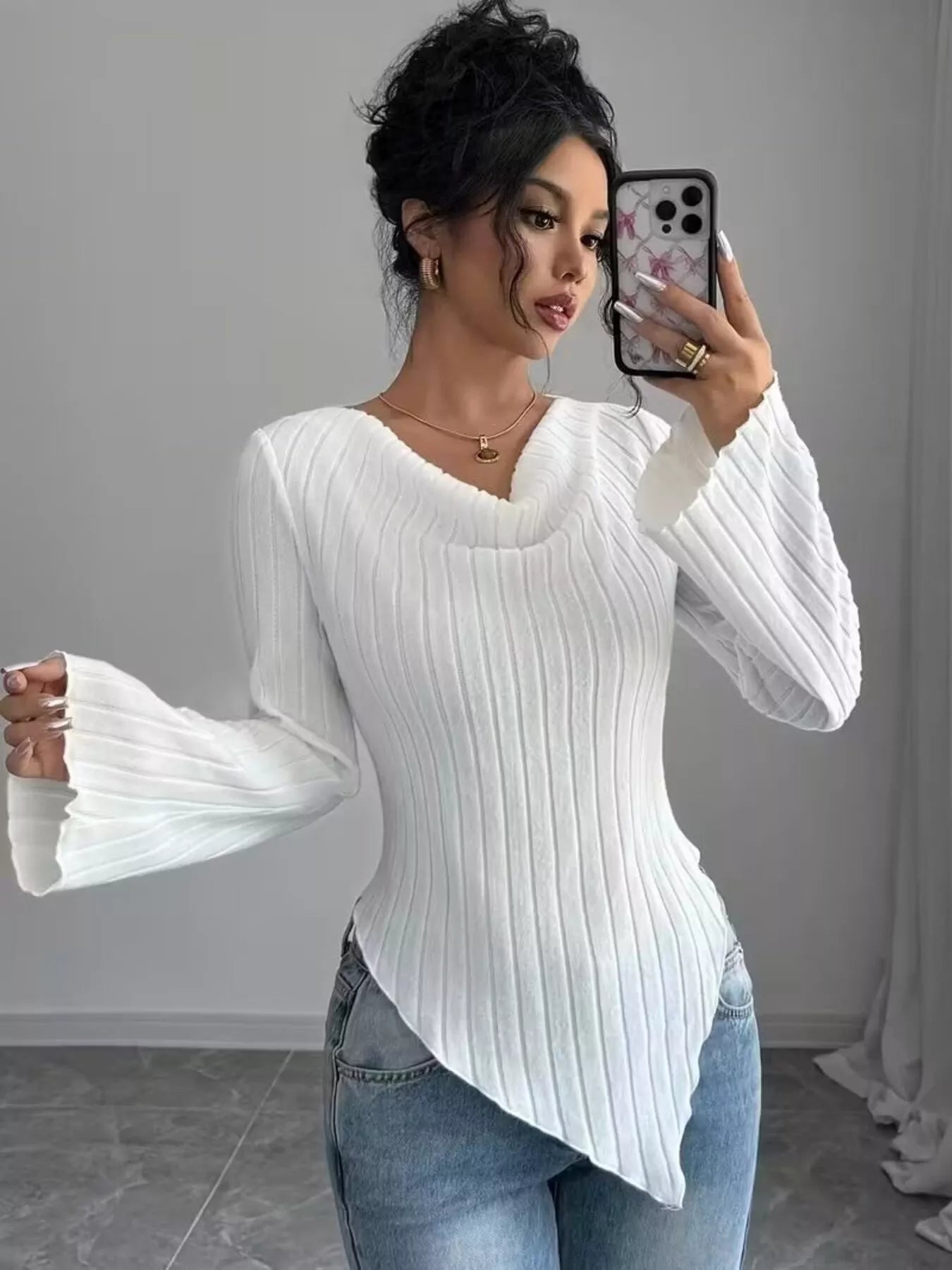 Cowl Neck Ribbed Knit T-Shirt