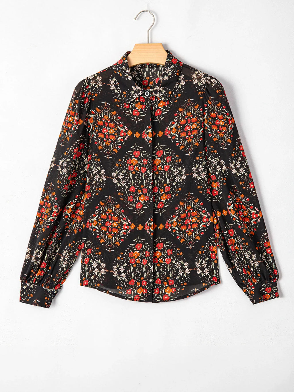 Floral Print Lantern Sleeve Loose Shirt