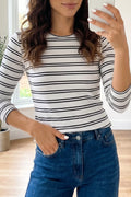 Stripe Ribbed Knit Round Neck Long Sleeve Top