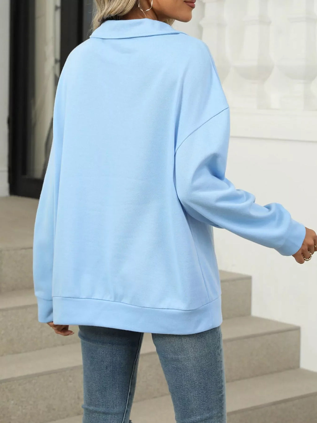 Johnny Collar Drop Shoulder Long Sleeve Sweatshirt