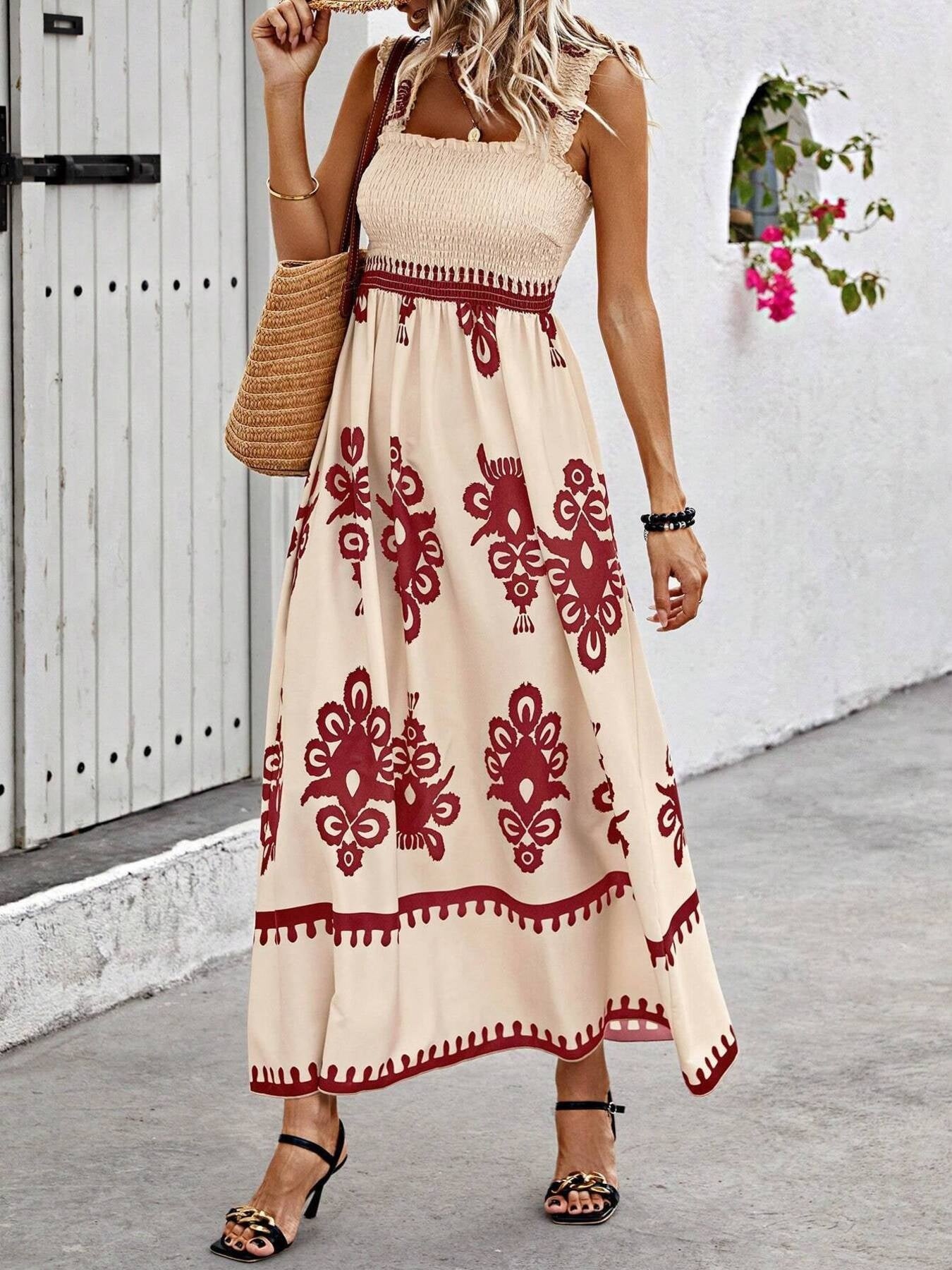Smocked Bodice Colorful Print Tank Dress