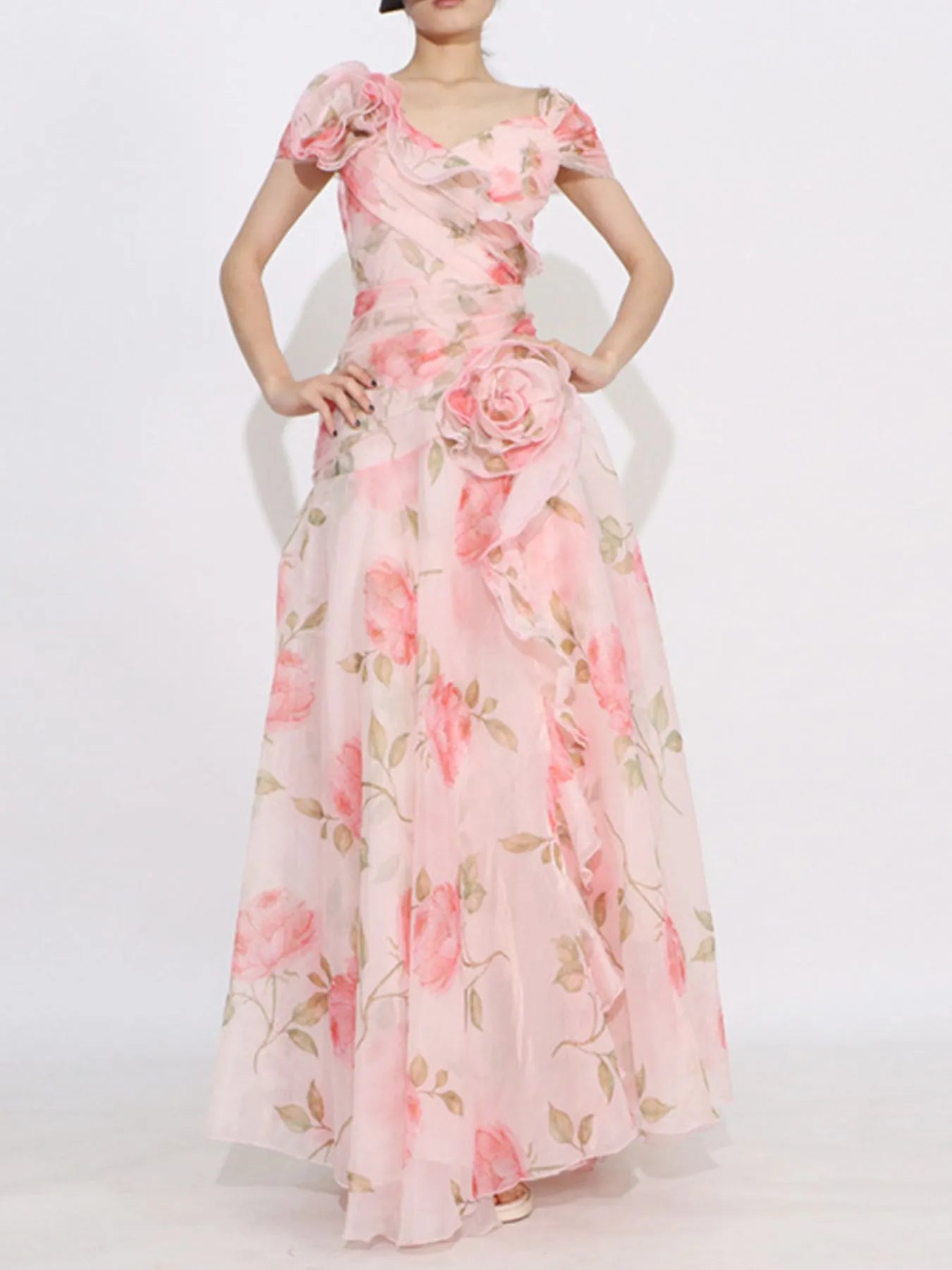 Floral Ruffled Short Sleeve Maxi Dress