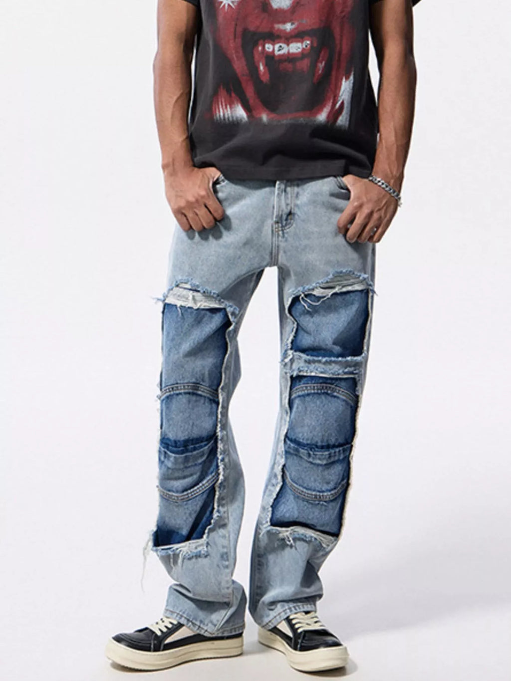 Men's Distressed Patchwork Jeans