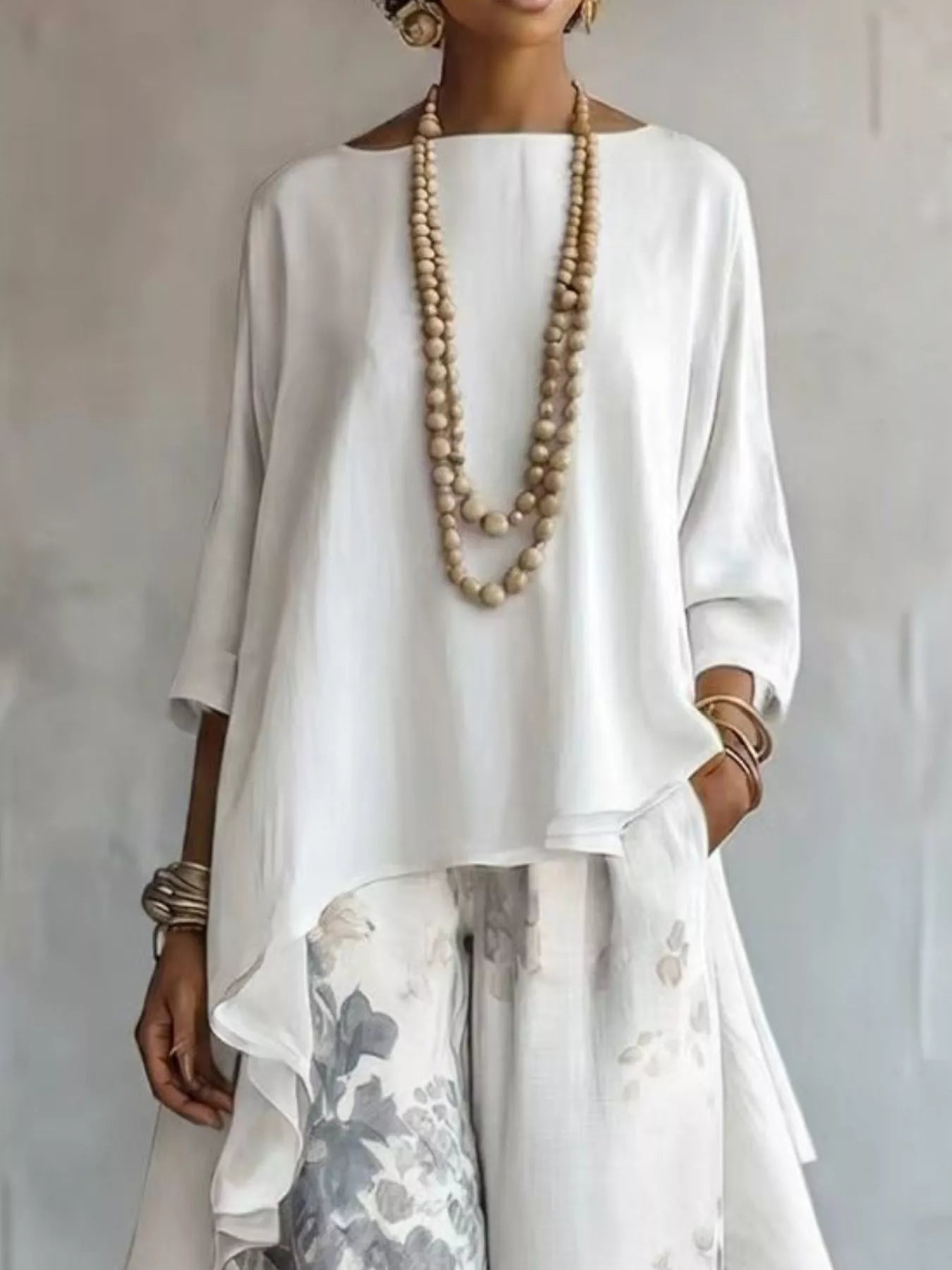 Asymmetrical Hem Top and Floral Pants Set