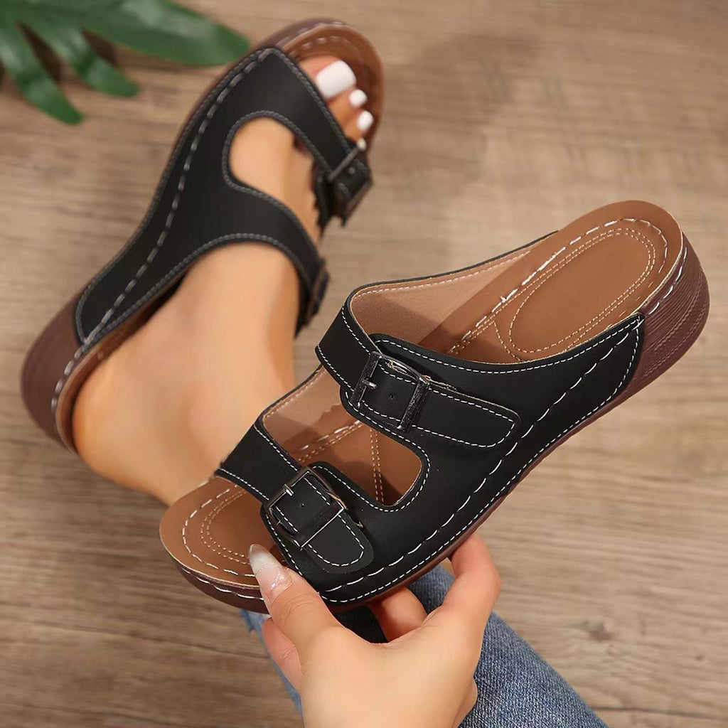 Double Buckle Wedge Sandals