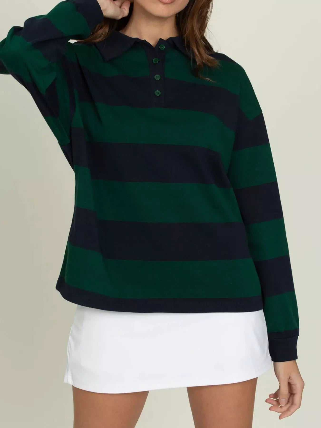Striped Polo Collar Sweatshirt with Button Details