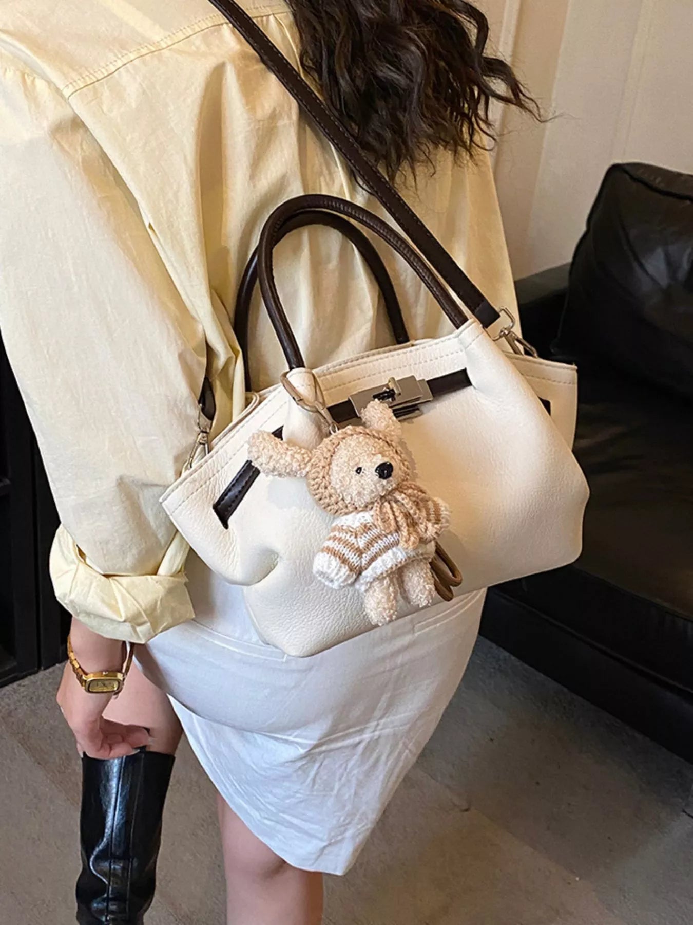 Buckle Decor Crossbody Bag with Bear Charm