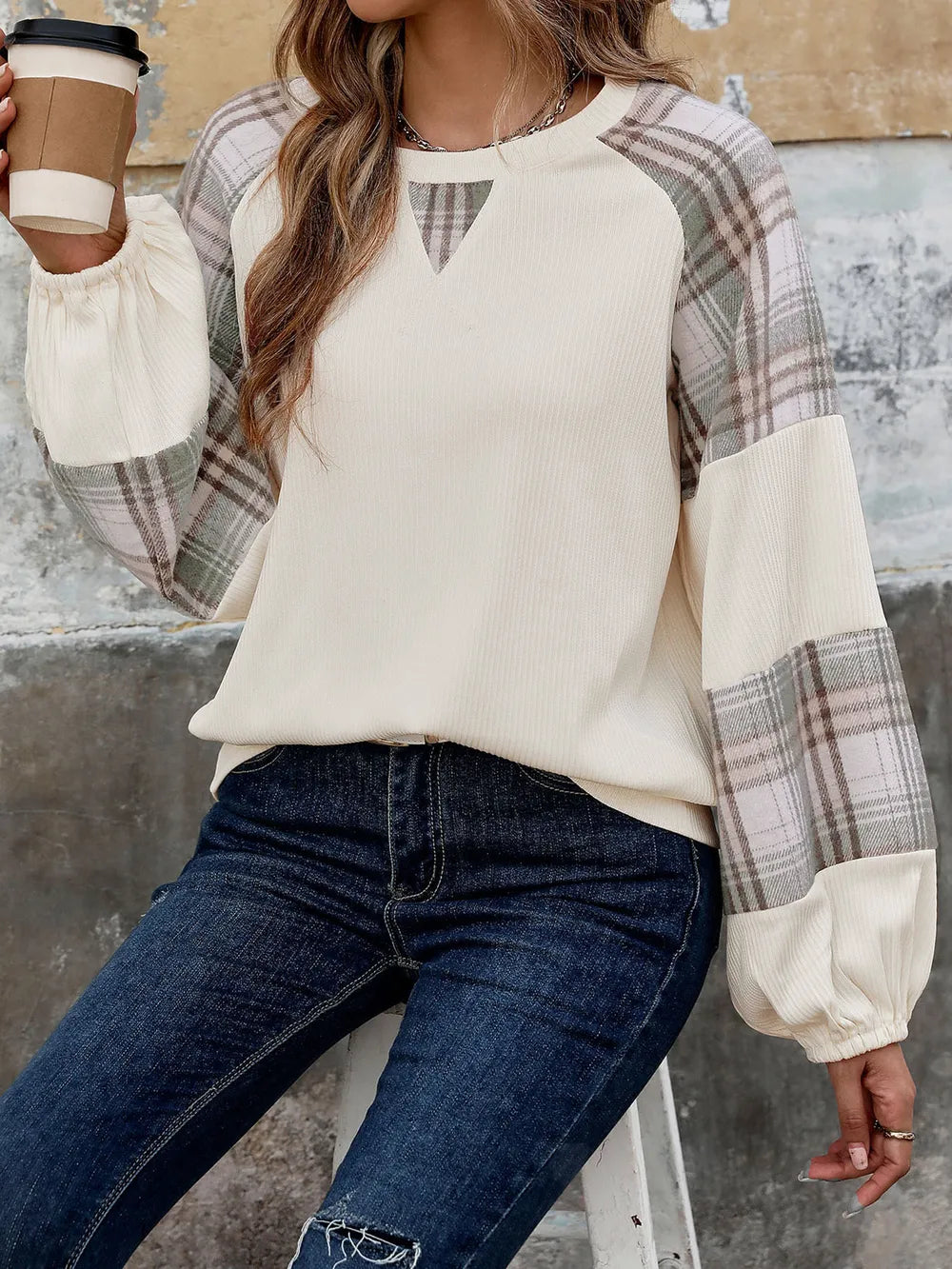 Perfee Plaid Round Neck Long Sleeve Sweatshirt