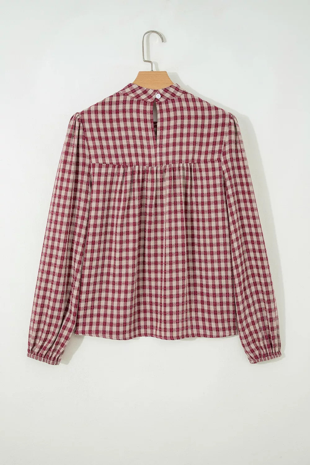 Country Plaid Long Sleeve Button Keyhole Pleated Loose Blouse