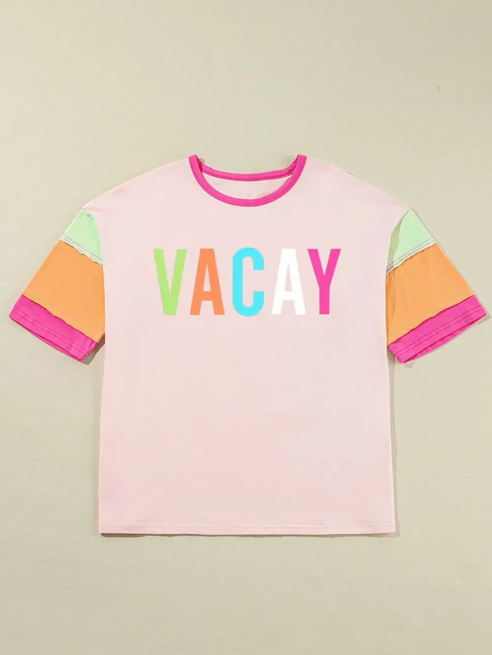 Letter Graphic Color Block Round Neck Half Sleeve T-Shirt