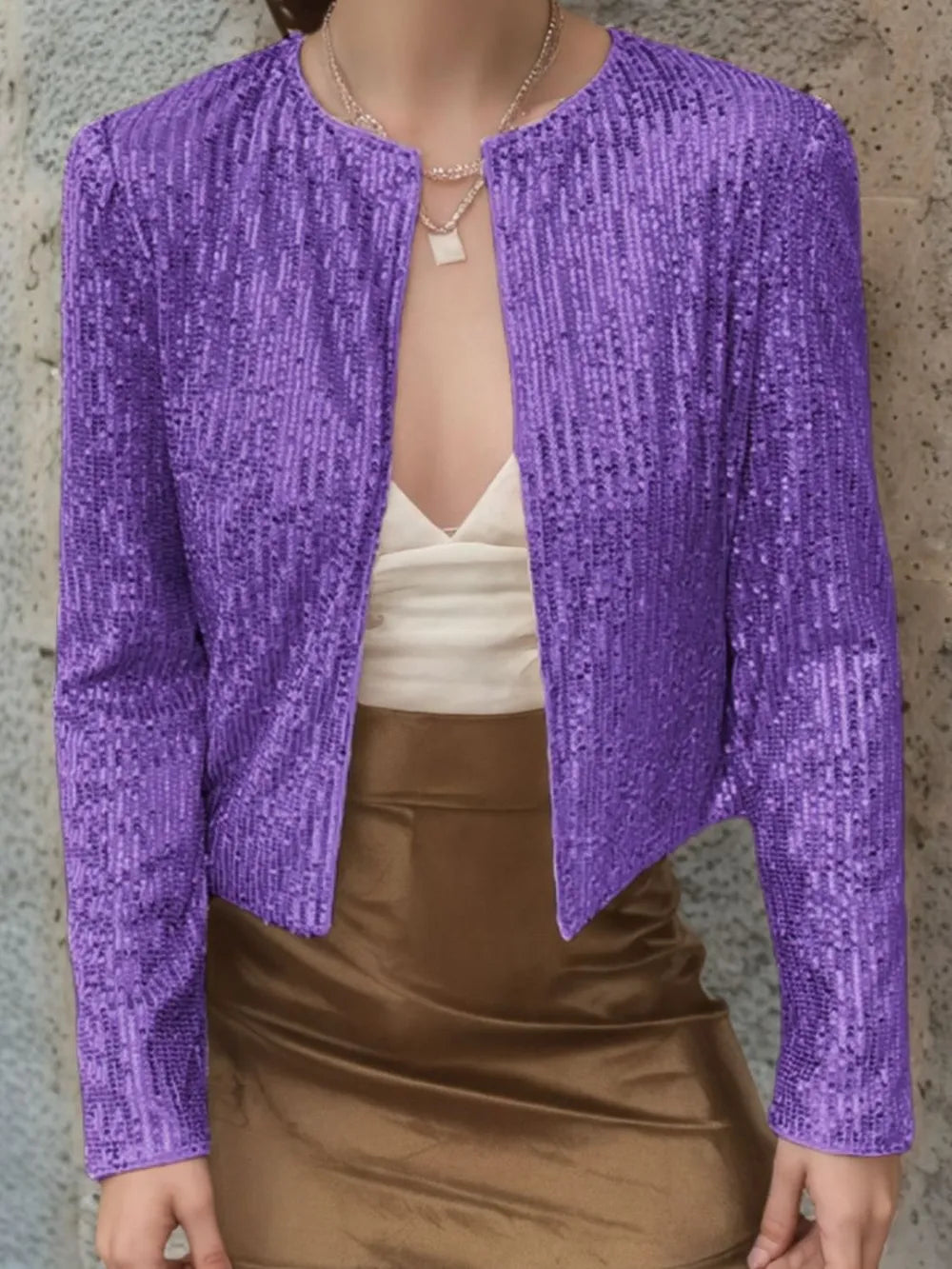 Full Size Sequin Open Front Cropped Jacket