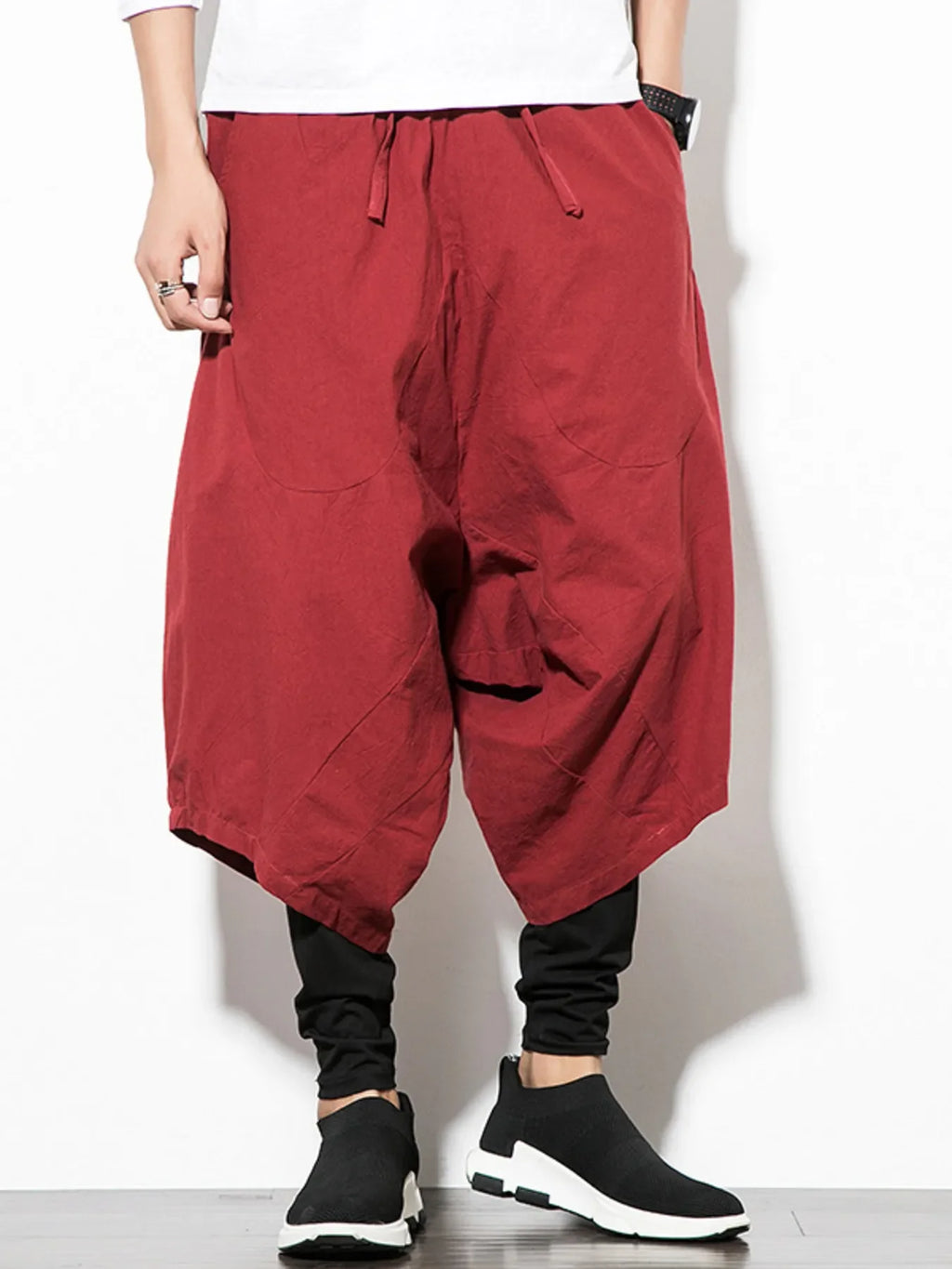 Men's Plus Size Wide Leg Drop Crotch Pants with Drawstring