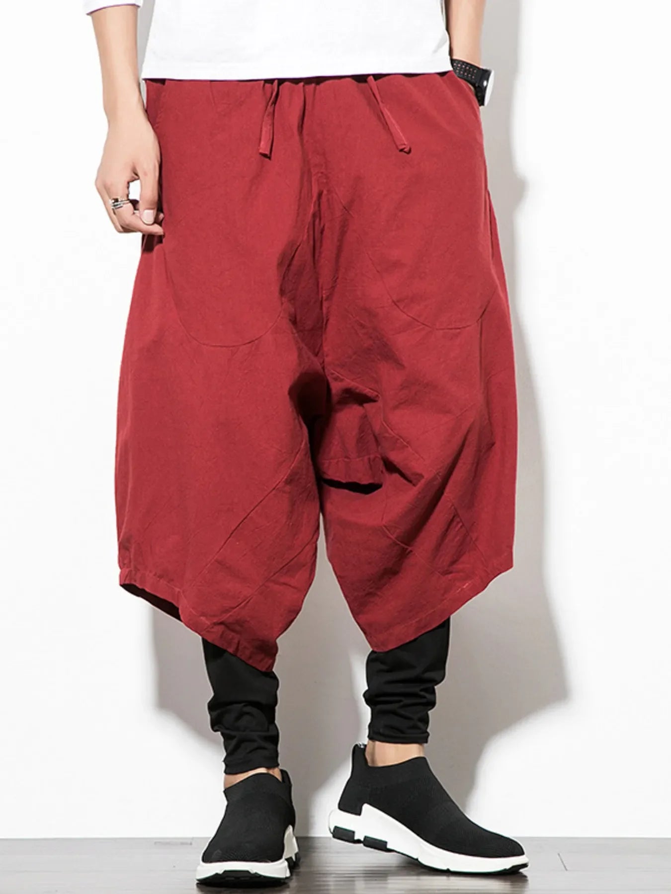 Men's Plus Size Wide Leg Drop Crotch Pants with Drawstring