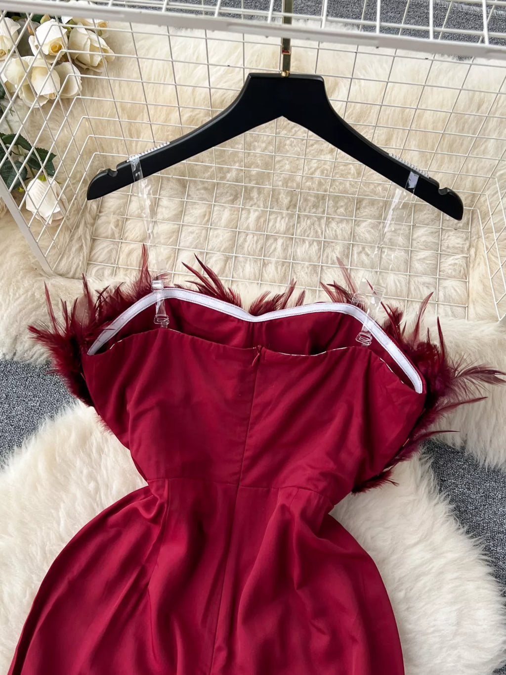 Feather Trim Strapless Wide Leg Jumpsuit