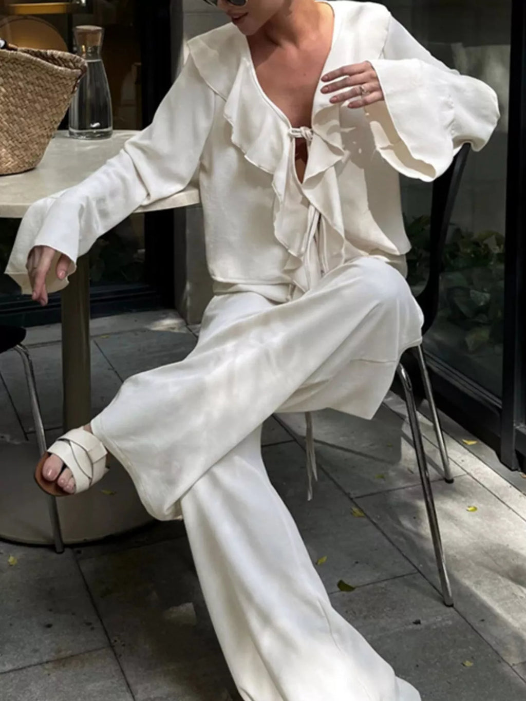 Ruffle Trim Tie Front Top and Pants Set