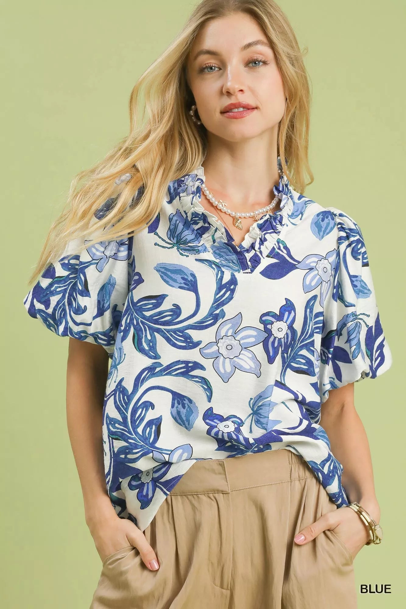Umgee Lush Blossom Print Puff Sleeve Top with Ruffle Trim Detail