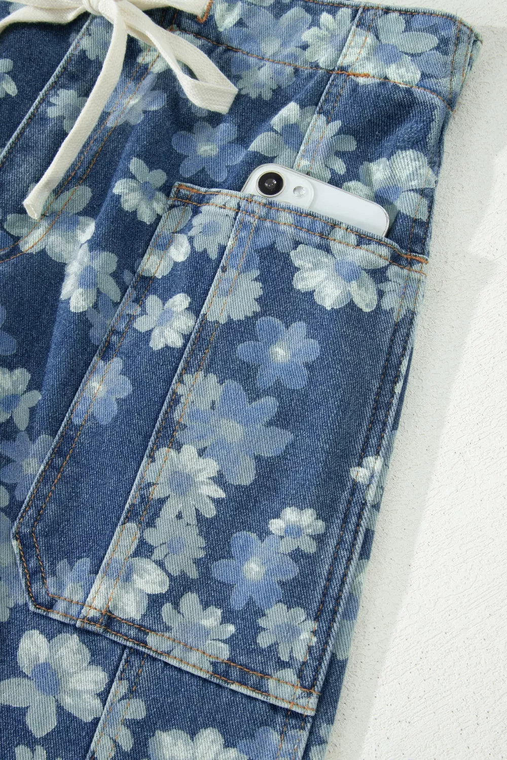 Dainty Floral Printed Drawstring Barrel Jeans