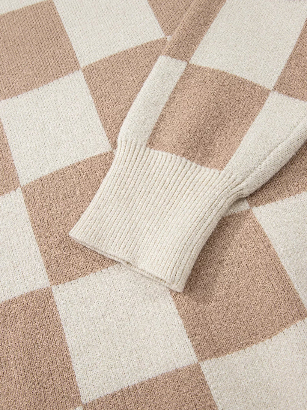Checkered Pattern Ribbed Trim Knit Baggy Sweater