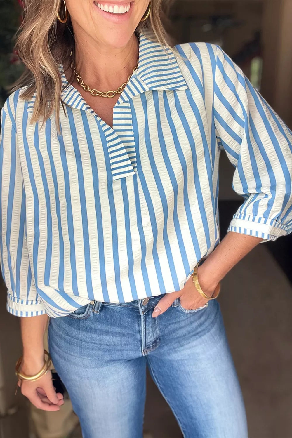 Stripe 3/4 Sleeve Collared Neck Blouse