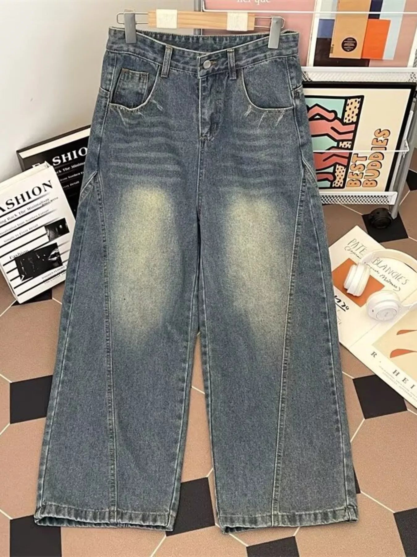 Men's Plus Size Vintage Wash Wide Leg Jeans