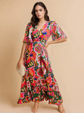 Floral Print Wrap Maxi Dress with Ruffle Details