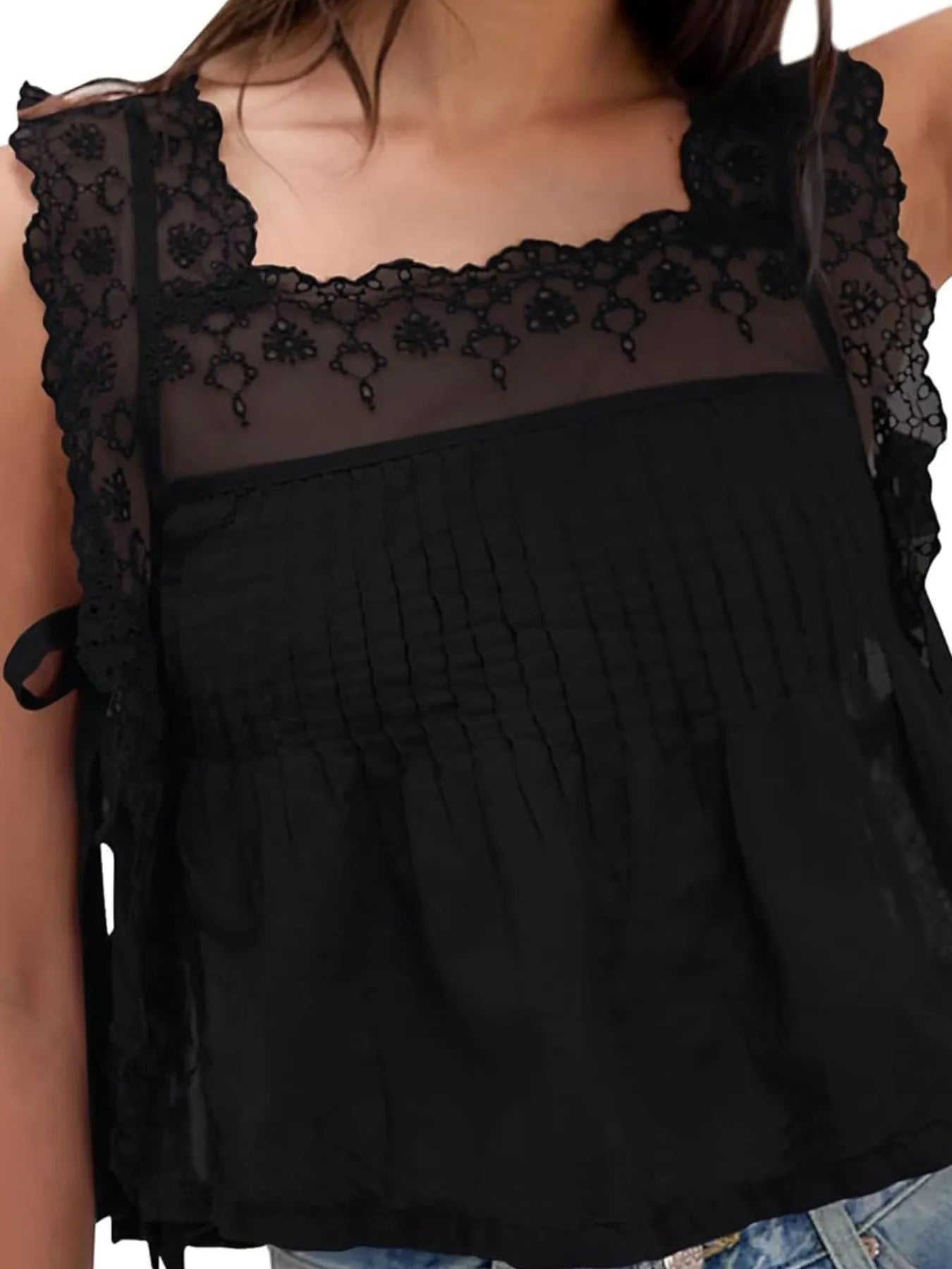 Lace-Trimmed Eyelet Square Neck Top