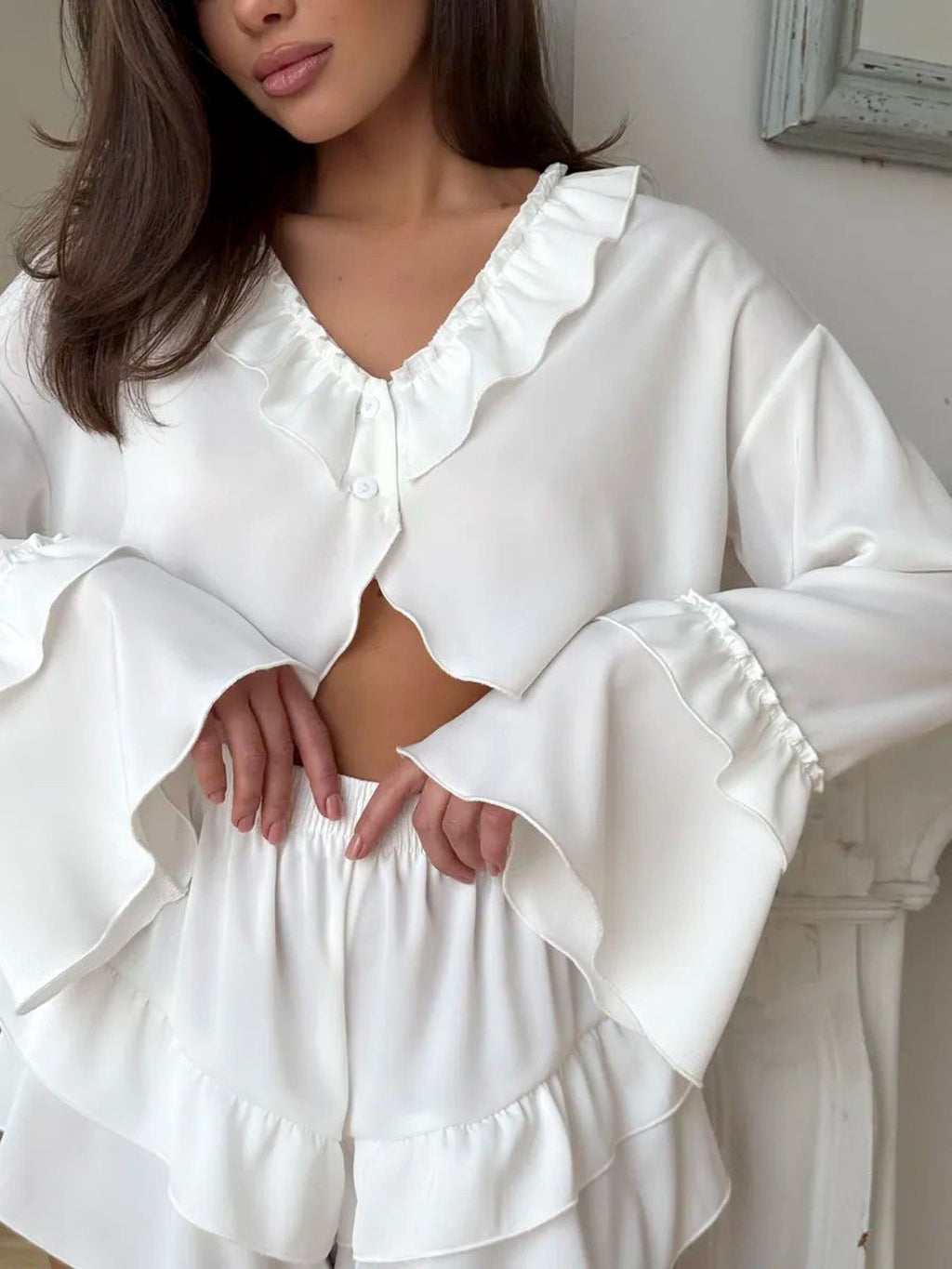 Ruffled V-Neck Top and Shorts Set