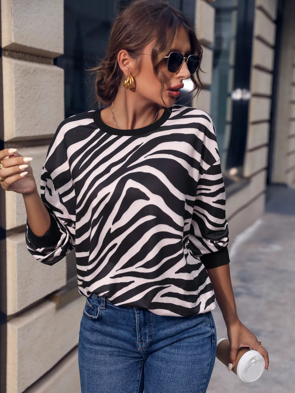 Zebra Print Round Neck Casual Sweatshirt