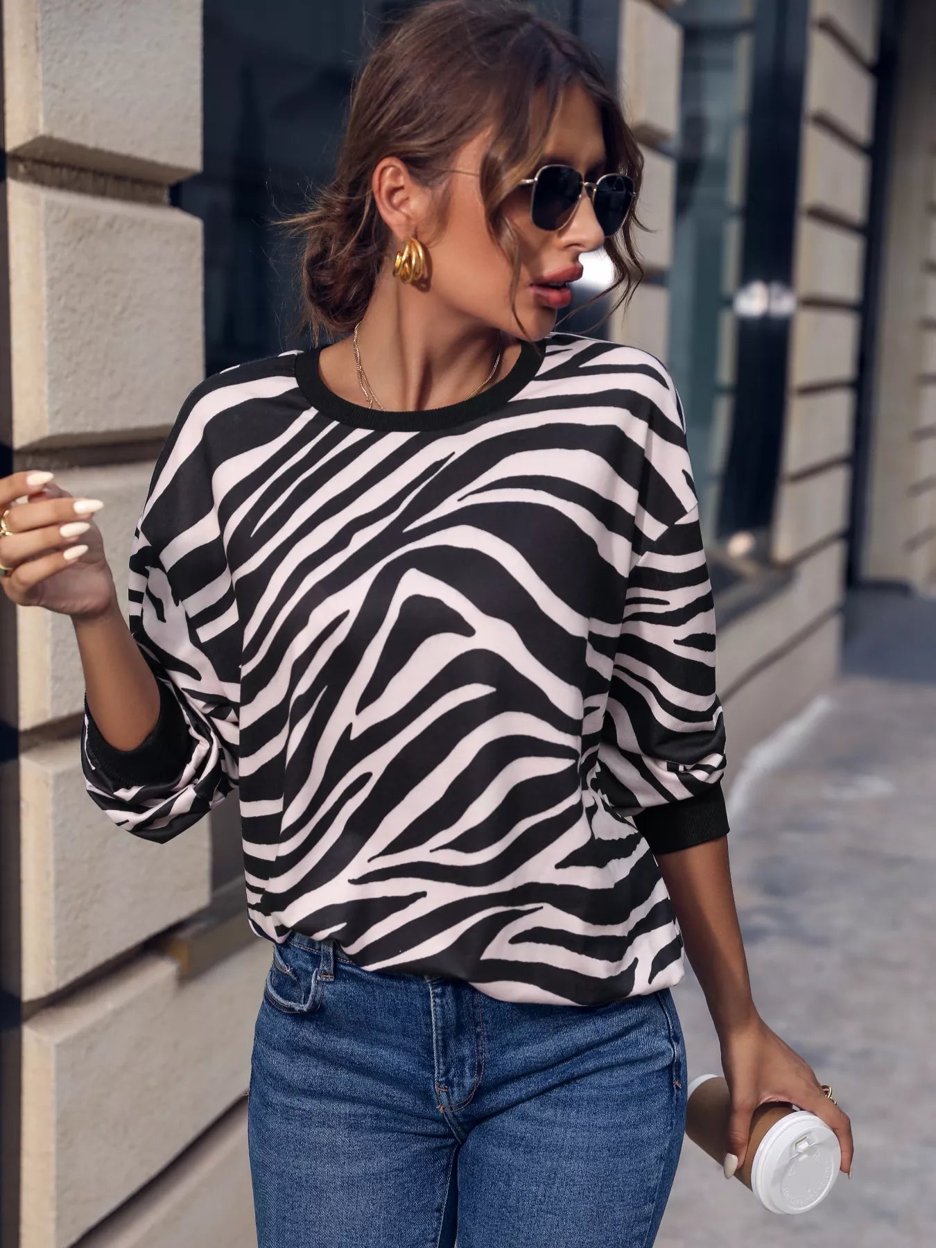 Zebra Print Round Neck Casual Sweatshirt