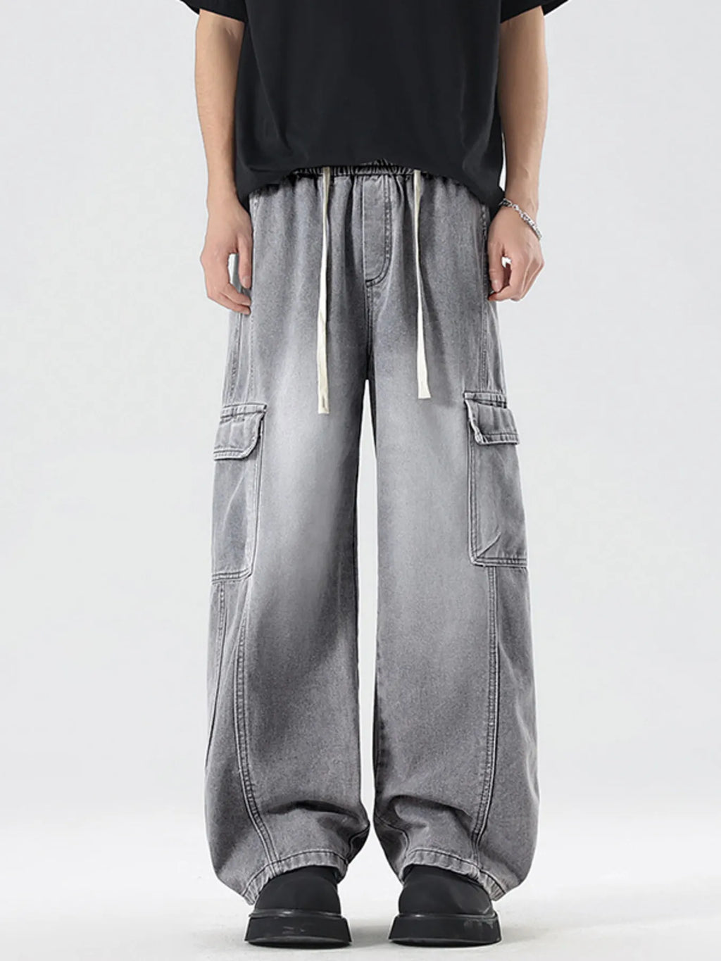 Men's Plus Size Wash Wide Leg Cargo Jeans