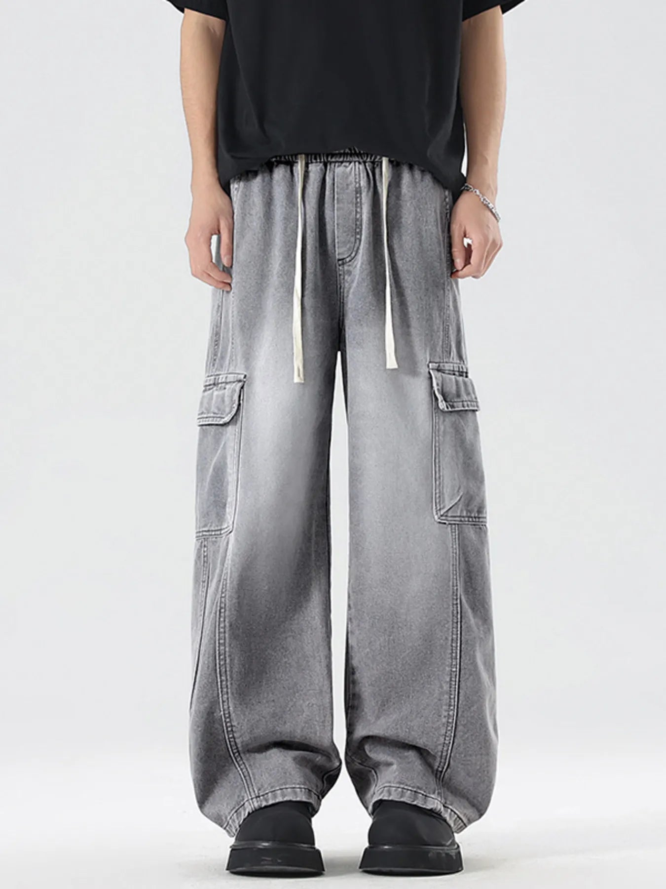 Men's Plus Size Wash Wide Leg Cargo Jeans