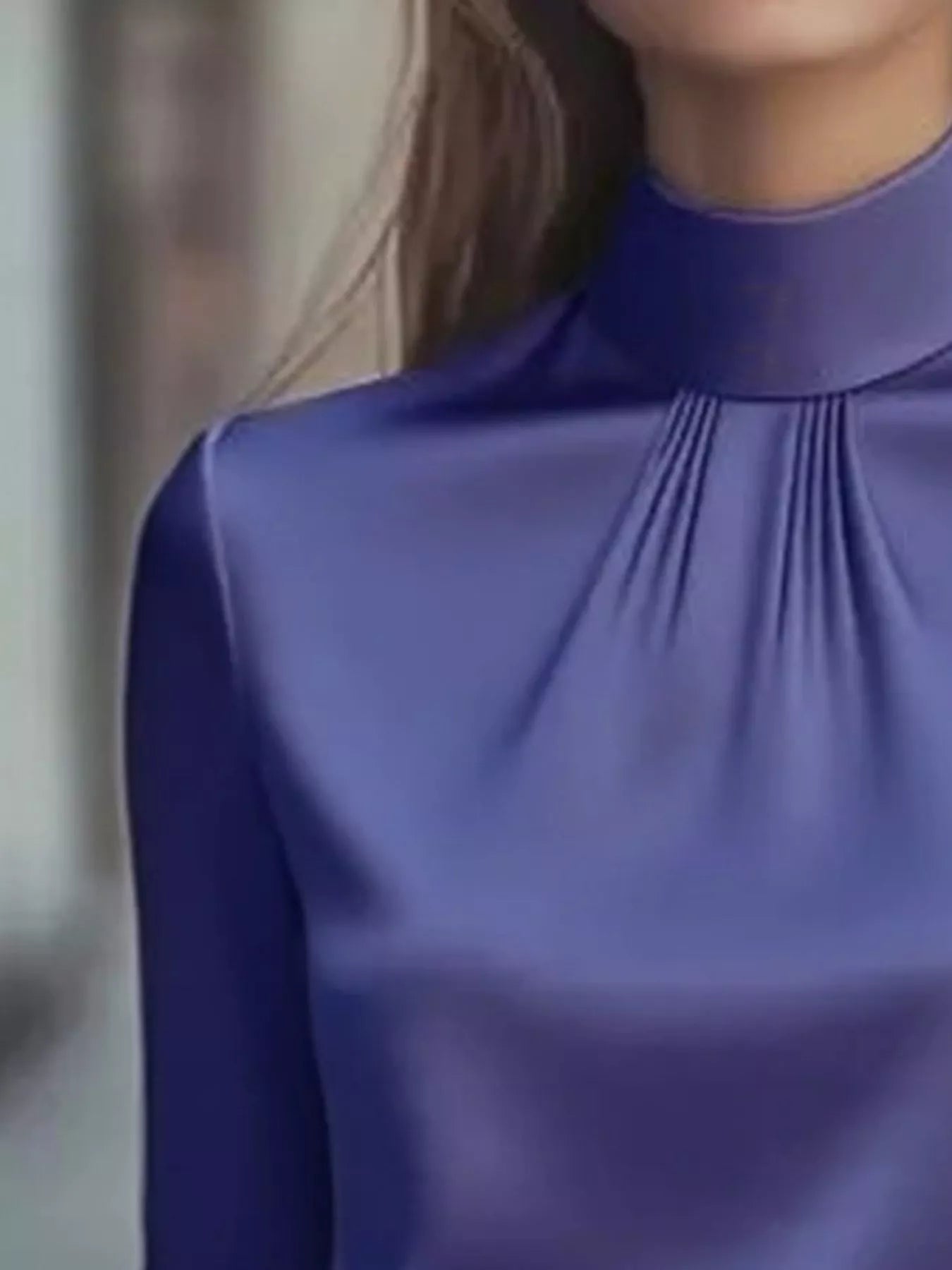 Mock Neck Long Sleeve Blouse with Pleated Detail