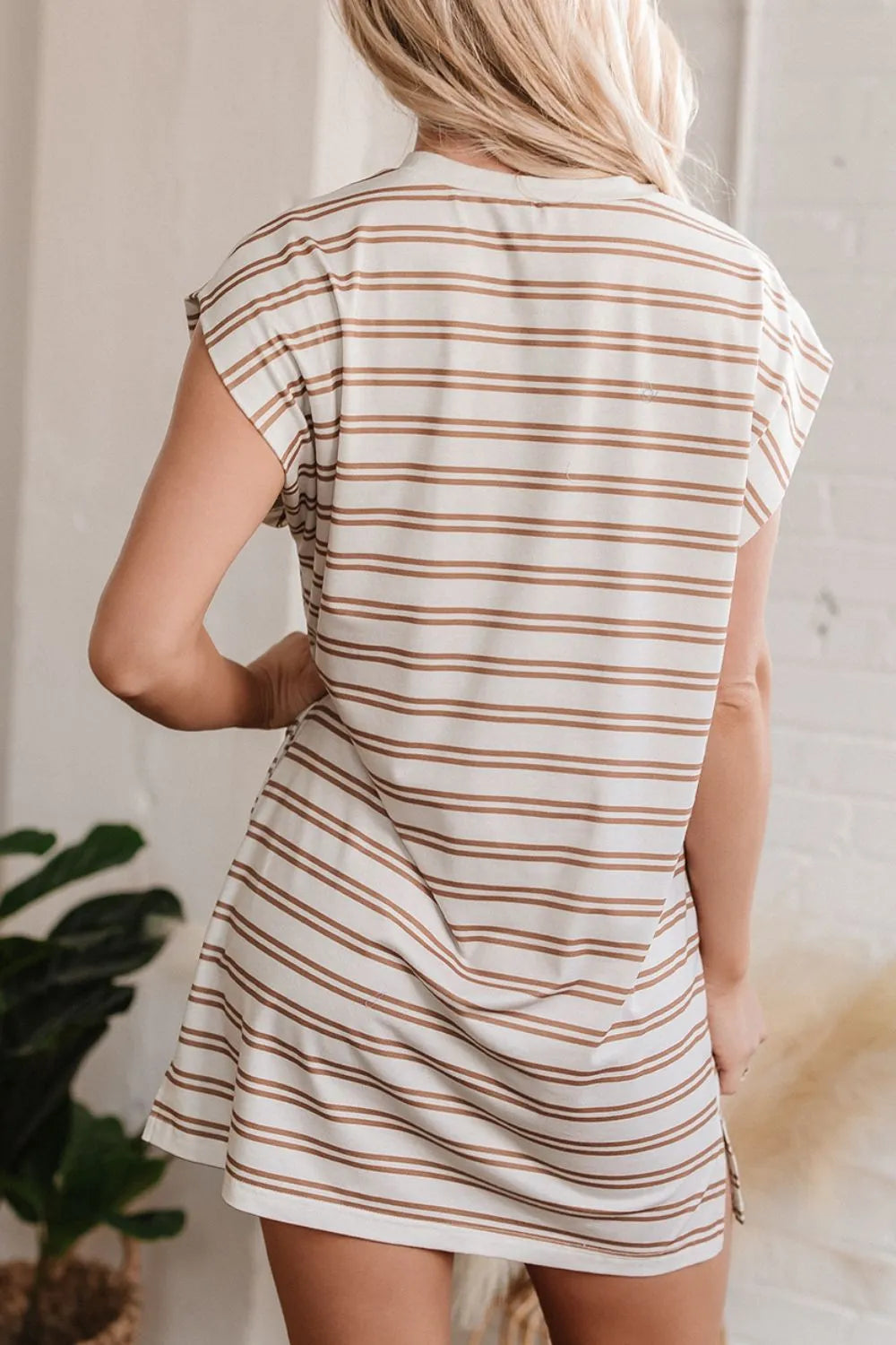 Stripe Round Neck Sleeveless Pocketed Mini Dress