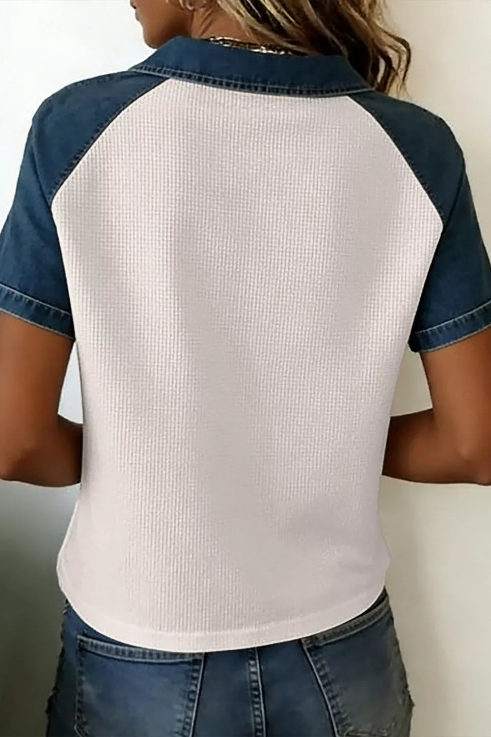 Textured Color Block Denim Patchwork Polo Collar Tee
