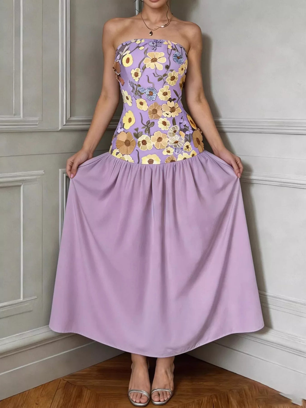Floral Embroidered Tube Maxi Dress