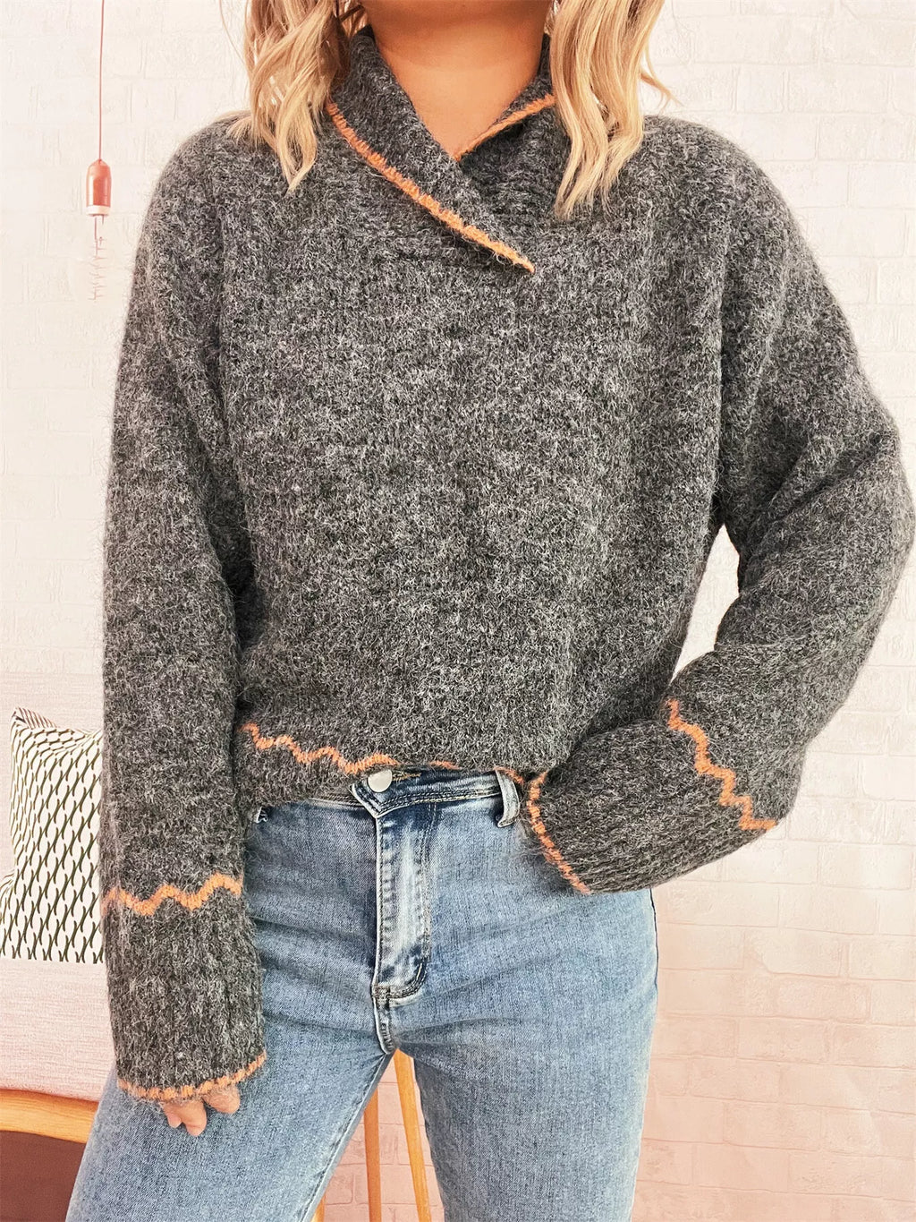 Ribbed Contrast Trim Long Sleeve Sweater