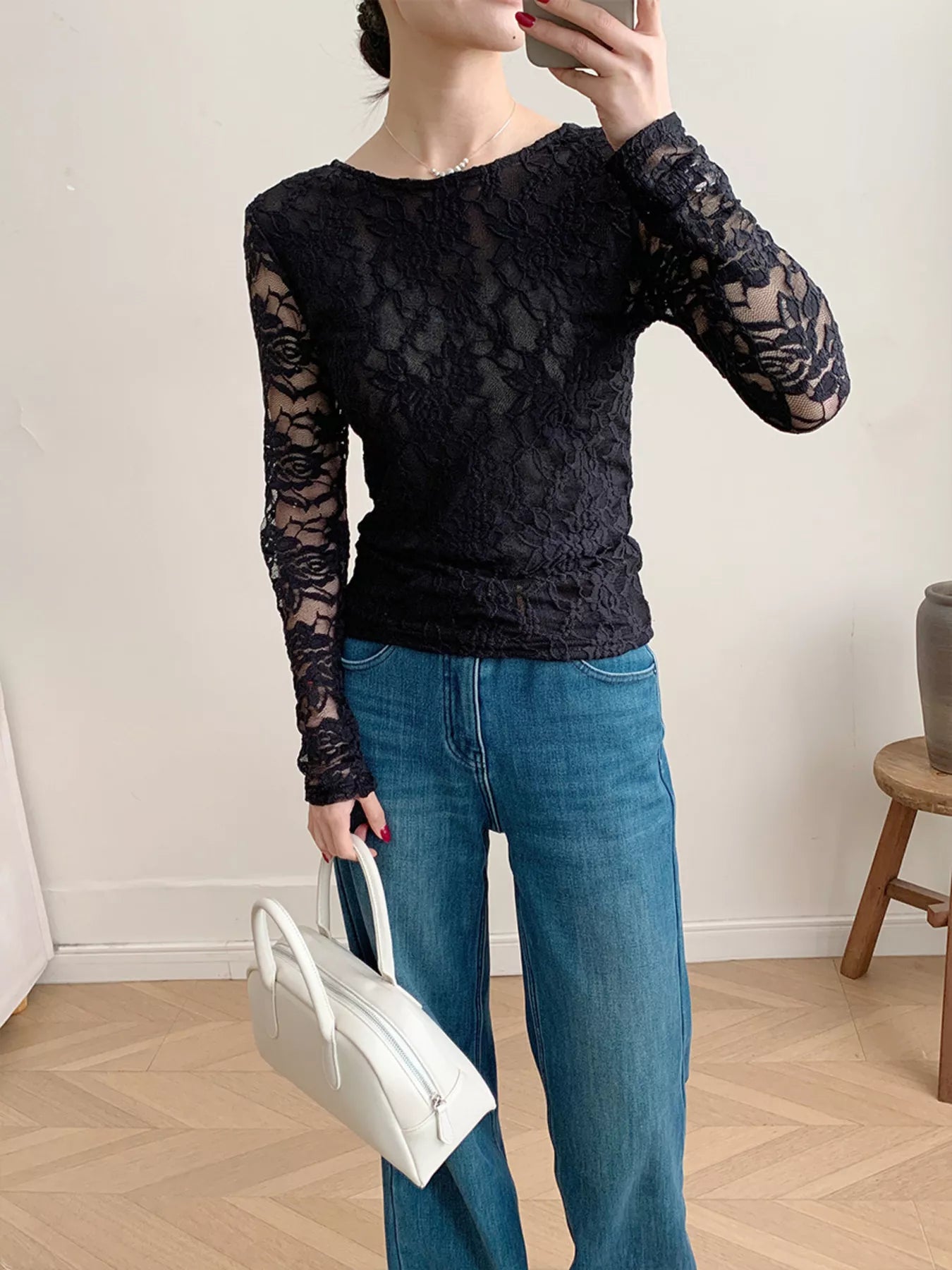 Lace Round Neck Long Sleeve Top