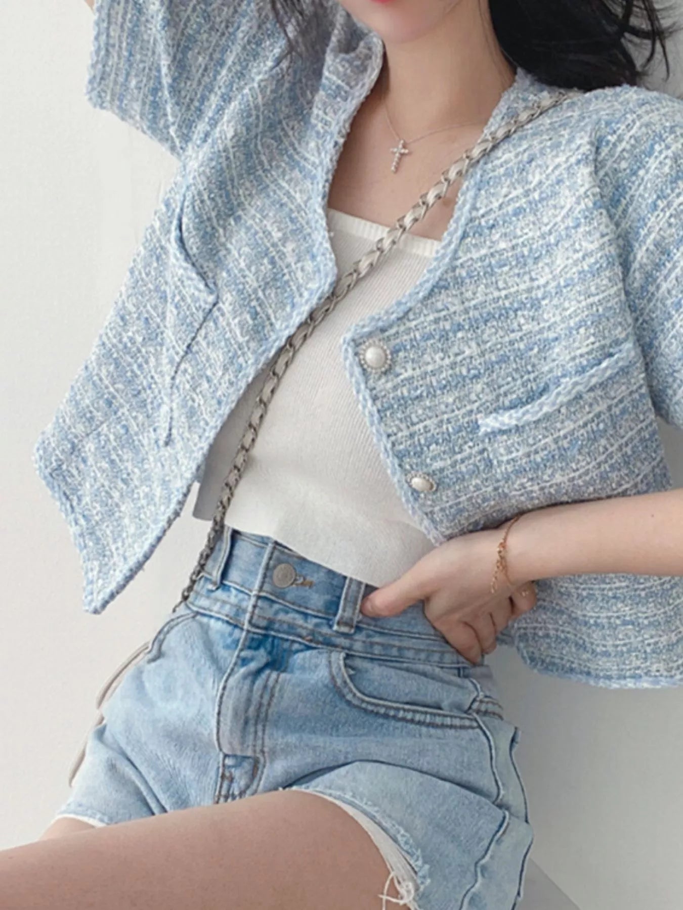 Pearl Button Short Sleeve Tweed Outerwear