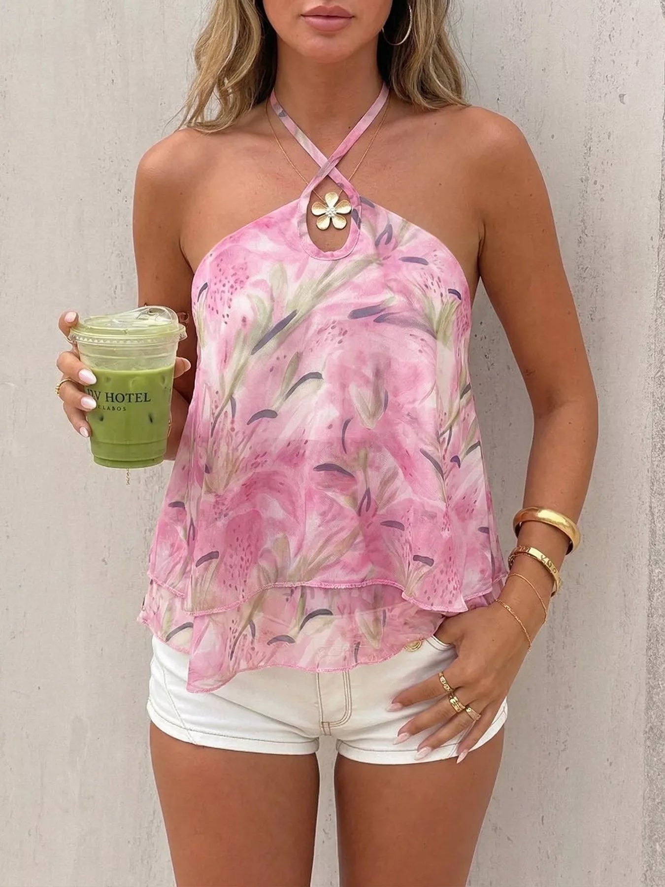 Floral Print Halter Neck Flowy Cami